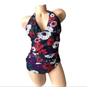 One Piece Swimsuit Halter Floral Ruched Size